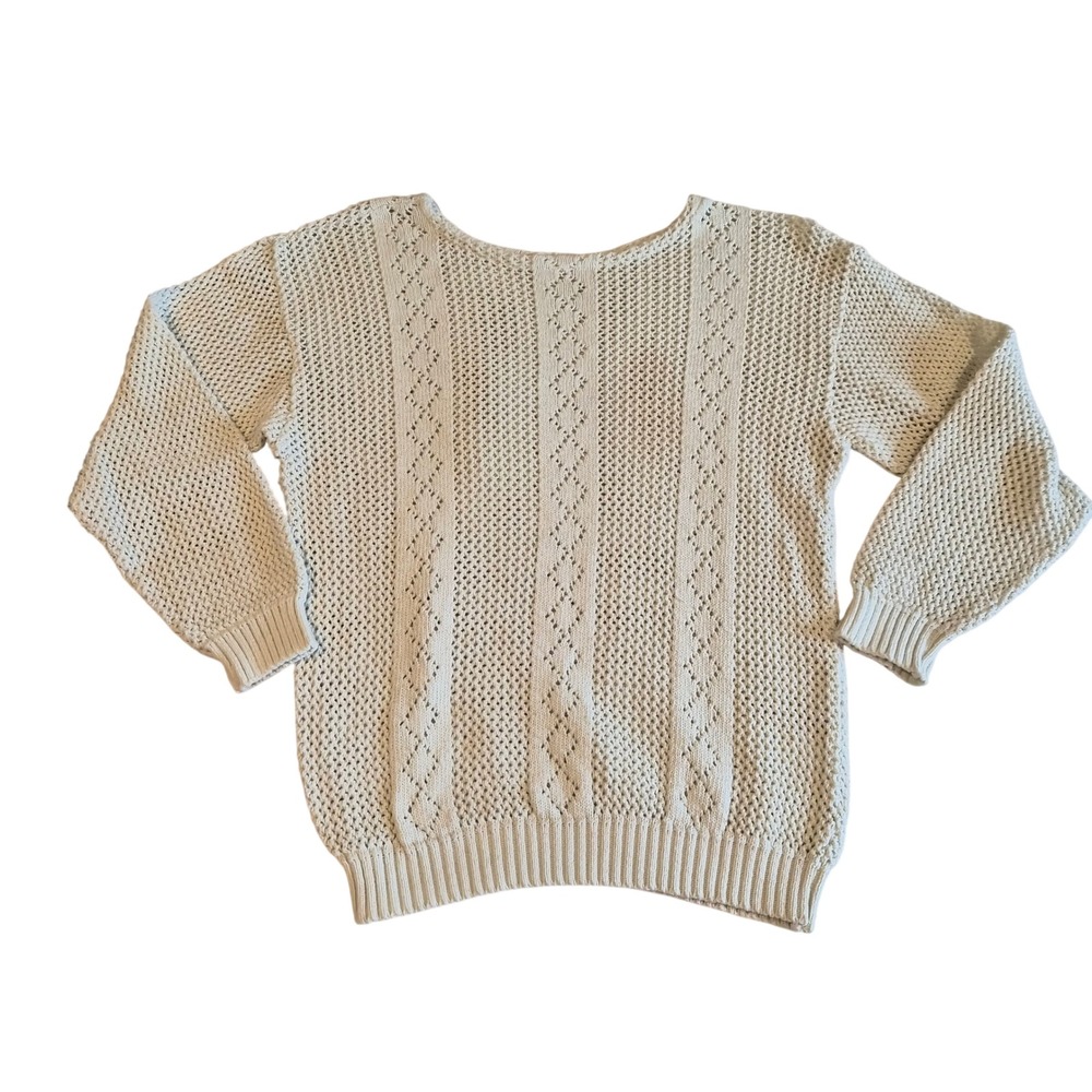 Vintage Made in France Cream Open Knit Pointelle Sweater Cotton Blend Mint